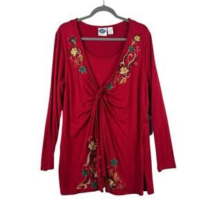 DG2 Embroidered Knit Blouse Size XL Red Floral Tunic Knot Front Long Sleeve NWT